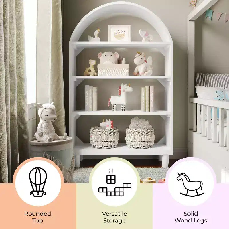Bibliothèque ouverte en bois Buzz & Bloom avec dessus arrondi couvert, 4 étagères et pieds cylindriques