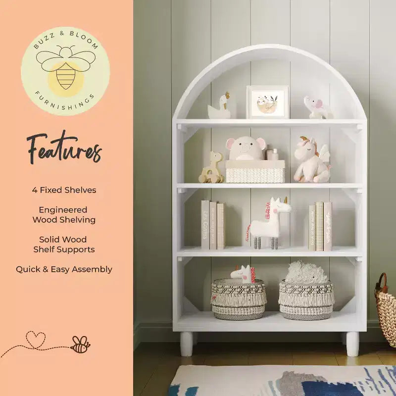 Bibliothèque ouverte en bois Buzz & Bloom avec dessus arrondi couvert, 4 étagères et pieds cylindriques