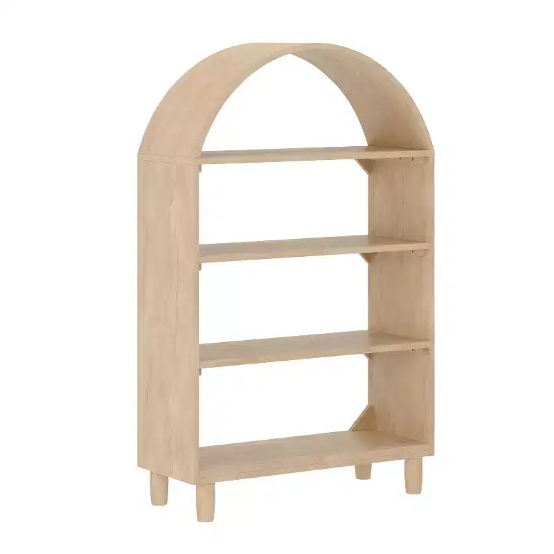 Bibliothèque ouverte en bois Buzz & Bloom avec dessus arrondi couvert, 4 étagères et pieds cylindriques