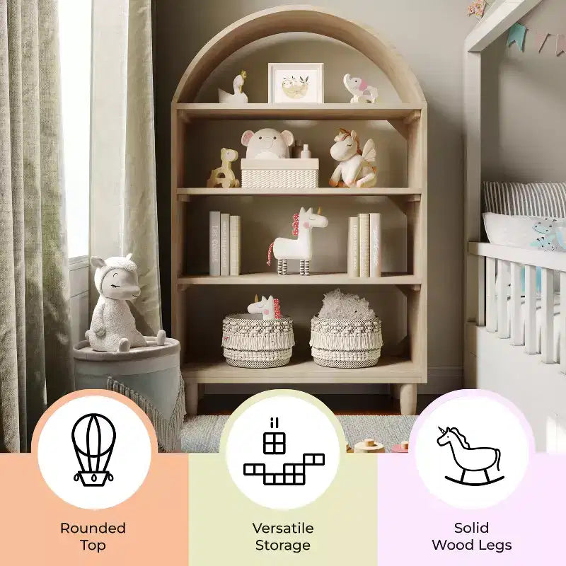 Bibliothèque ouverte en bois Buzz & Bloom avec dessus arrondi couvert, 4 étagères et pieds cylindriques