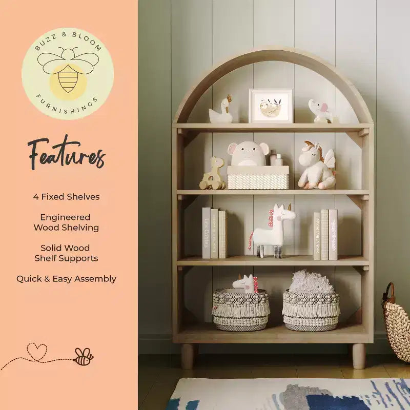 Bibliothèque ouverte en bois Buzz & Bloom avec dessus arrondi couvert, 4 étagères et pieds cylindriques