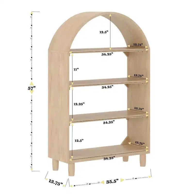 Bibliothèque ouverte en bois Buzz & Bloom avec dessus arrondi couvert, 4 étagères et pieds cylindriques