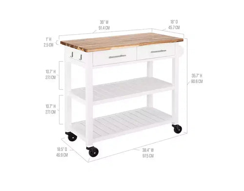 Acacia Wood Top Rolling Kitchen Cart Island Table with Drawers, 38.4 W x 18.5 D, White