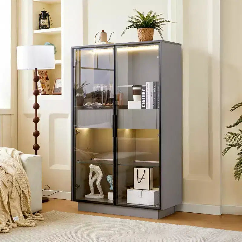 Vitrine éclairée LED Meuble de rangement avec porte en verre trempé, 2 tiroirs, étagères réglables, Moderne Minimaliste, Gris-ModernLuxe