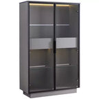 Vitrine éclairée LED Meuble de rangement avec porte en verre trempé, 2 tiroirs, étagères réglables, Moderne Minimaliste, Gris-ModernLuxe