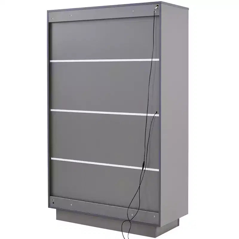 Vitrine éclairée LED Meuble de rangement avec porte en verre trempé, 2 tiroirs, étagères réglables, Moderne Minimaliste, Gris-ModernLuxe