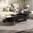 Lift Top Coffee Table Wooden Center Table with 360 Marble-patterned Rotating Tray, 3 Drawers and Hidden Compartment, Brown/Black-ModernLuxe