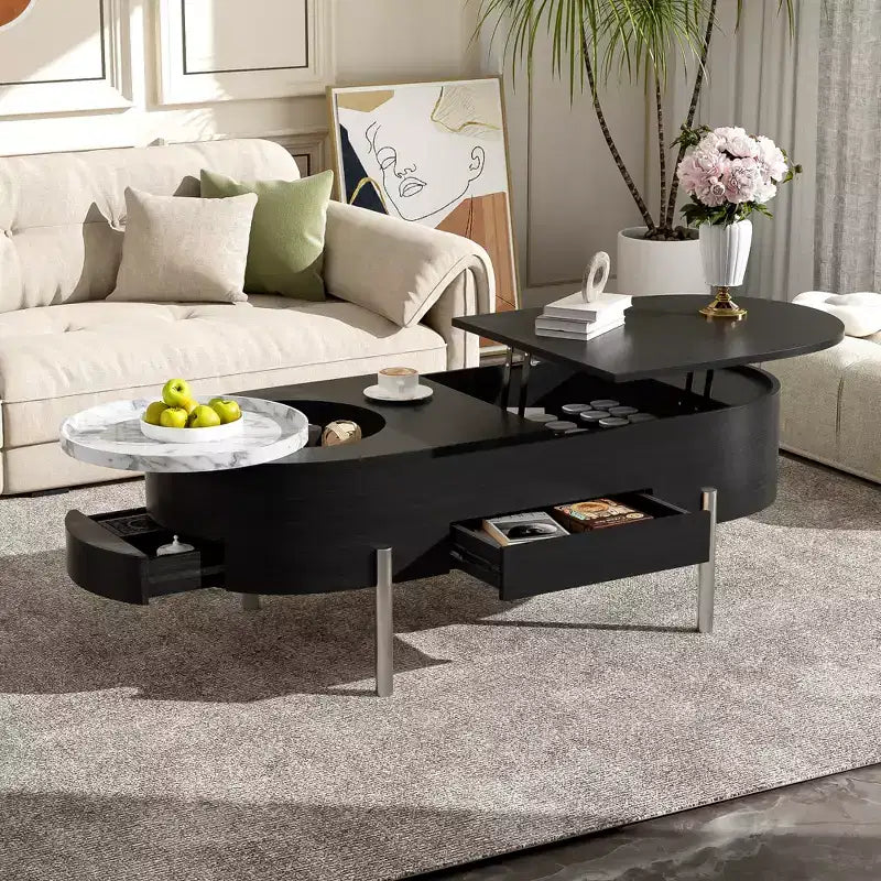 Lift Top Coffee Table Wooden Center Table with 360 Marble-patterned Rotating Tray, 3 Drawers and Hidden Compartment, Brown/Black-ModernLuxe