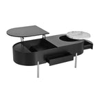 Table basse relevable en bois avec plateau rotatif à 360° en marbre, 3 tiroirs et compartiment caché, marron/noir-ModernLuxe