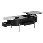 Table basse relevable en bois avec plateau rotatif à 360° en marbre, 3 tiroirs et compartiment caché, marron/noir-ModernLuxe