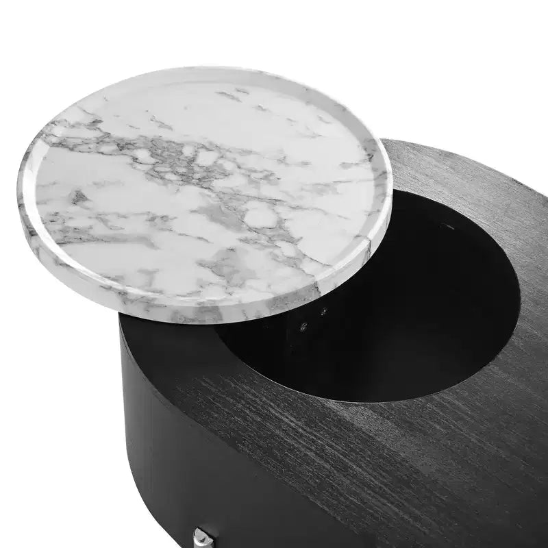 Table basse relevable en bois avec plateau rotatif à 360° en marbre, 3 tiroirs et compartiment caché, marron/noir-ModernLuxe
