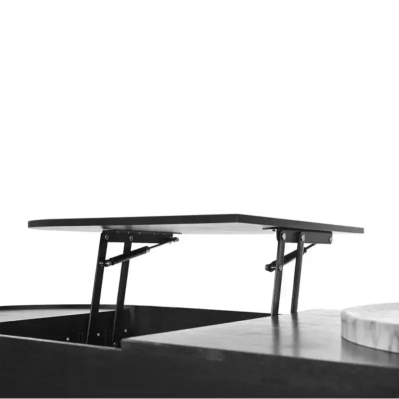Table basse relevable en bois avec plateau rotatif à 360° en marbre, 3 tiroirs et compartiment caché, marron/noir-ModernLuxe