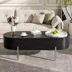 Table basse relevable en bois avec plateau rotatif à 360° en marbre, 3 tiroirs et compartiment caché, marron/noir-ModernLuxe