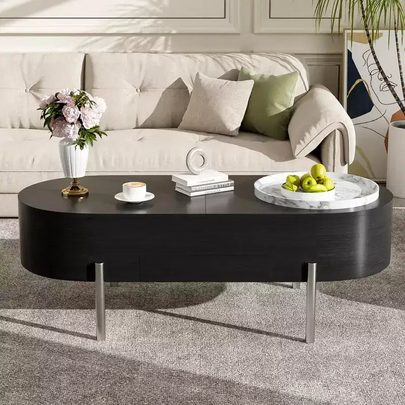 Table basse relevable en bois avec plateau rotatif à 360° en marbre, 3 tiroirs et compartiment caché, marron/noir-ModernLuxe