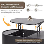 Table basse relevable en bois avec plateau rotatif à 360° en marbre, 3 tiroirs et compartiment caché, marron/noir-ModernLuxe