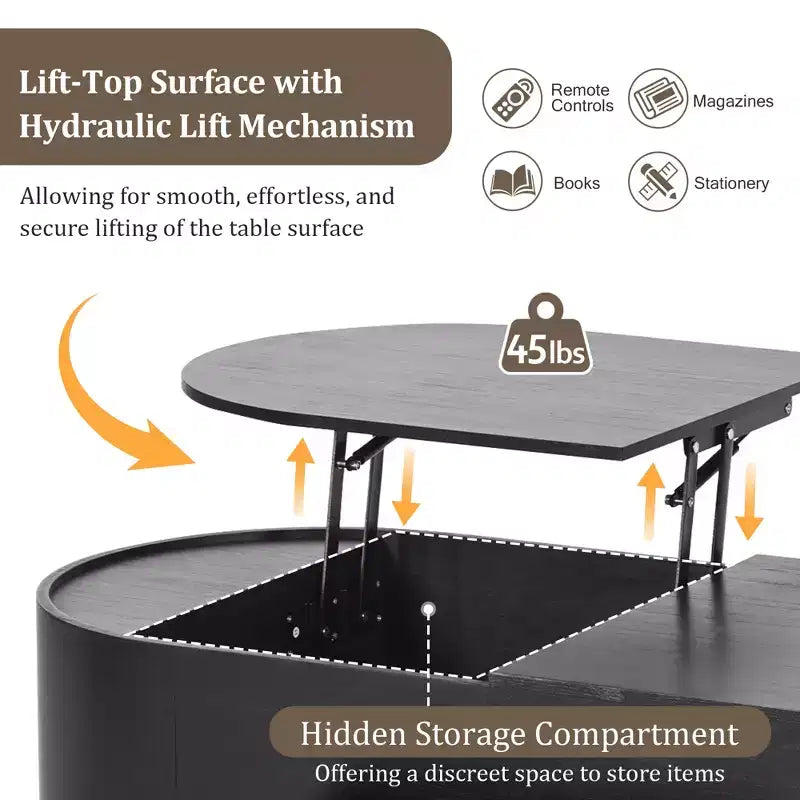 Table basse relevable en bois avec plateau rotatif à 360° en marbre, 3 tiroirs et compartiment caché, marron/noir-ModernLuxe