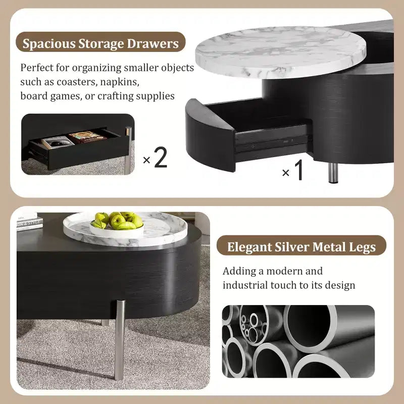 Table basse relevable en bois avec plateau rotatif à 360° en marbre, 3 tiroirs et compartiment caché, marron/noir-ModernLuxe
