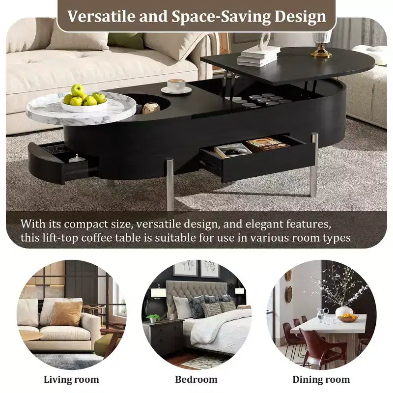 Table basse relevable en bois avec plateau rotatif à 360° en marbre, 3 tiroirs et compartiment caché, marron/noir-ModernLuxe