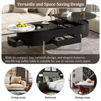 Table basse relevable en bois avec plateau rotatif à 360° en marbre, 3 tiroirs et compartiment caché, marron/noir-ModernLuxe