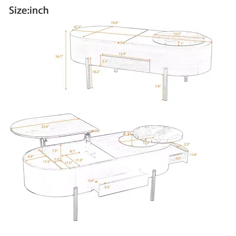 Table basse relevable en bois avec plateau rotatif à 360° en marbre, 3 tiroirs et compartiment caché, marron/noir-ModernLuxe