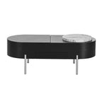 Table basse relevable en bois avec plateau rotatif à 360° en marbre, 3 tiroirs et compartiment caché, marron/noir-ModernLuxe