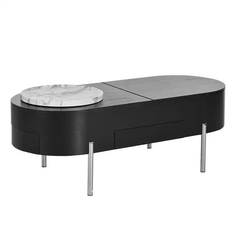 Table basse relevable en bois avec plateau rotatif à 360° en marbre, 3 tiroirs et compartiment caché, marron/noir-ModernLuxe