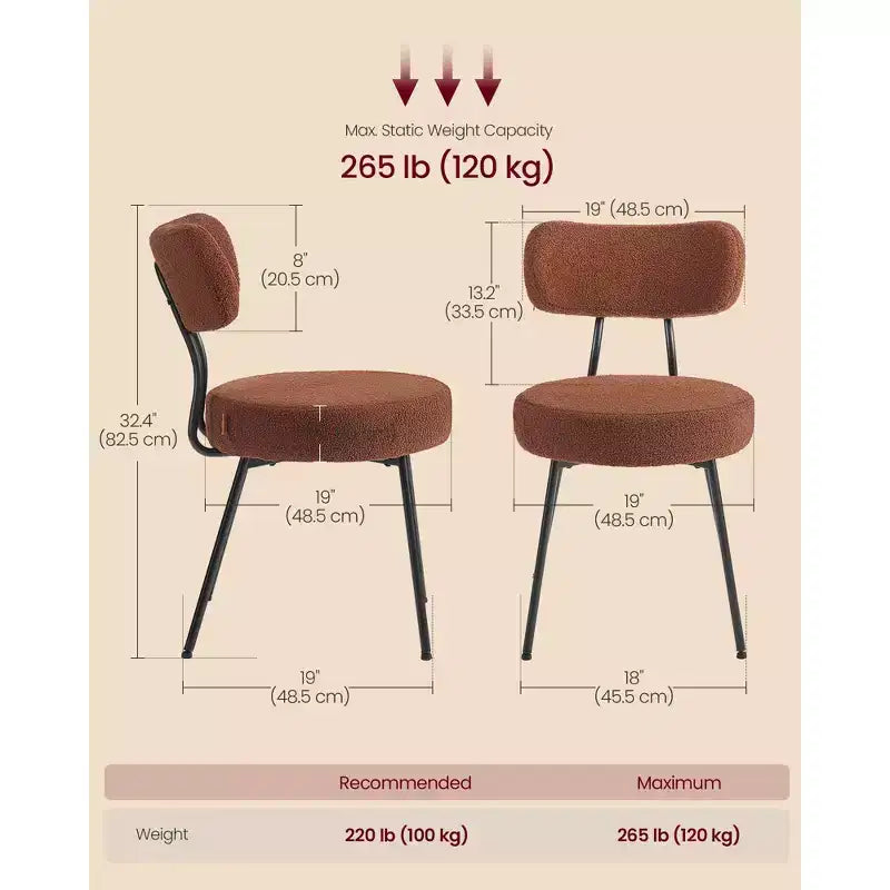 Lot de 2 Chaises de Salle à Manger Modernes Rembourrées avec Dossier Incurvé, Tissu Polaire Pelucheux et Cadre en Acier Robuste pour une Assise Confortable