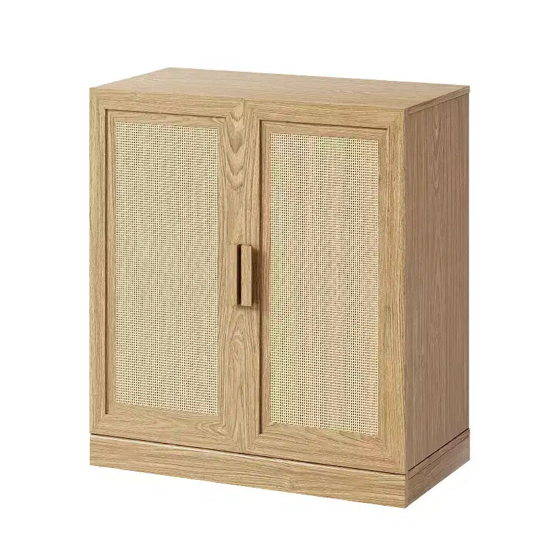 Meuble de rangement noir aspect grain de bois (portes en osier à double ouverture)