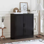 Meuble de rangement noir aspect grain de bois (portes en osier à double ouverture)