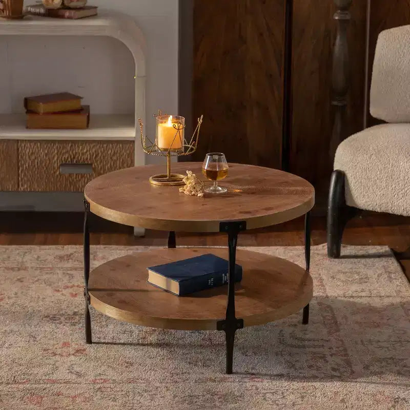 GDFStudio Bernie Table basse ronde industrielle moderne à deux niveaux en bois fabriquée à la main avec pieds en métal, 78 cm