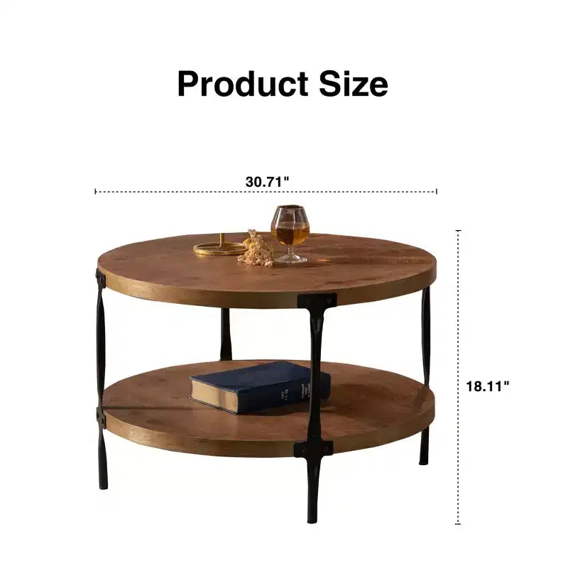 GDFStudio Bernie Table basse ronde industrielle moderne à deux niveaux en bois fabriquée à la main avec pieds en métal, 78 cm