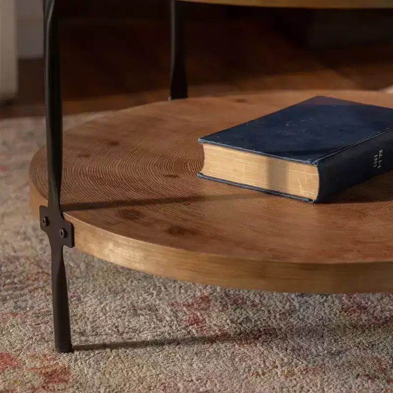 GDFStudio Bernie Table basse ronde industrielle moderne à deux niveaux en bois fabriquée à la main avec pieds en métal, 78 cm
