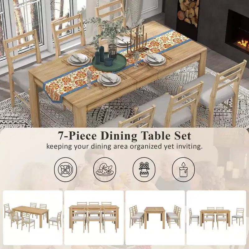 Ensemble de salle à manger 7 pièces en bois Whisen, table extensible multifonctionnelle, 12 rallonges et 2 tiroirs, 6 chaises de salle à manger