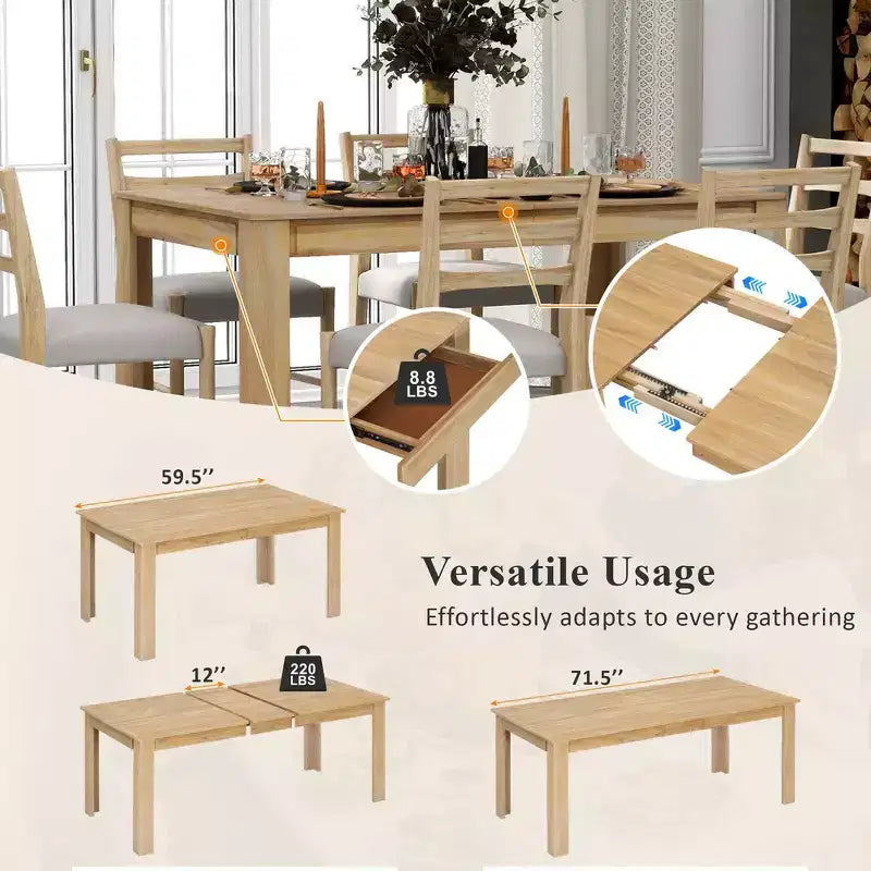 Ensemble de salle à manger 7 pièces en bois Whisen, table extensible multifonctionnelle, 12 rallonges et 2 tiroirs, 6 chaises de salle à manger