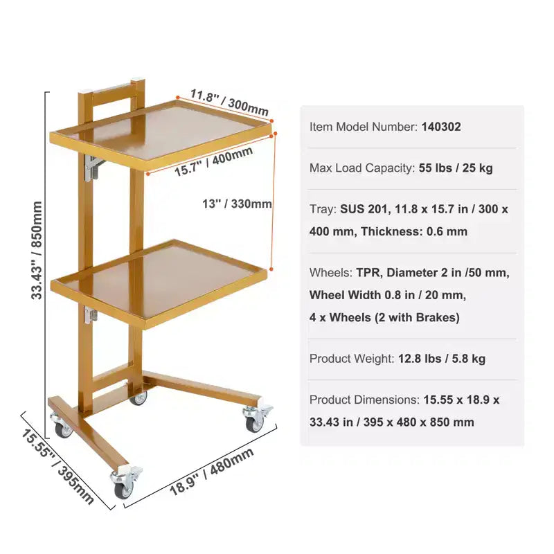 Chariots de laboratoire VEVOR à 2 niveaux en acier inoxydable, chariot utilitaire de laboratoire avec 2 plateaux, chariot médical mobile avec 4 roulettes silencieuses, chariot de laboratoire roulant
