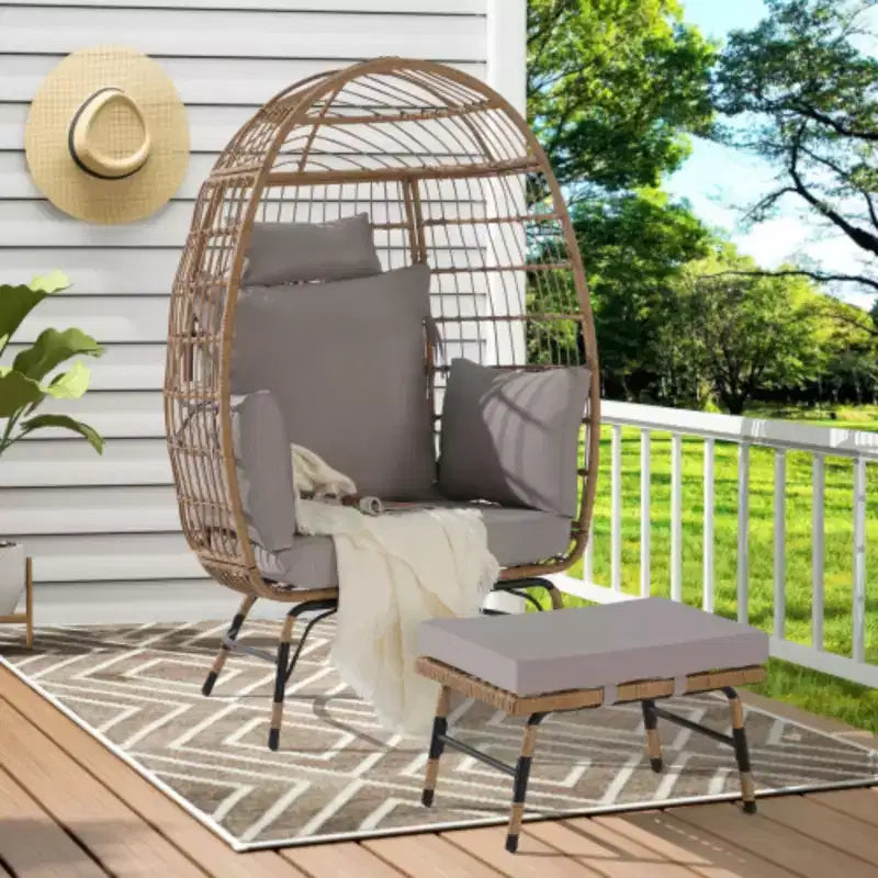 Fauteuil œuf en osier, fauteuil œuf en rotin intérieur extérieur, grands fauteuils œuf surdimensionnés 270 kg avec pouf et coussins épais pour porche, jardin, balcon