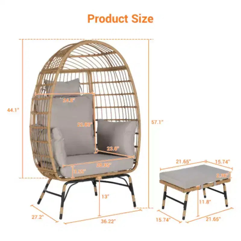 Fauteuil œuf en osier, fauteuil œuf en rotin intérieur extérieur, grands fauteuils œuf surdimensionnés 270 kg avec pouf et coussins épais pour porche, jardin, balcon