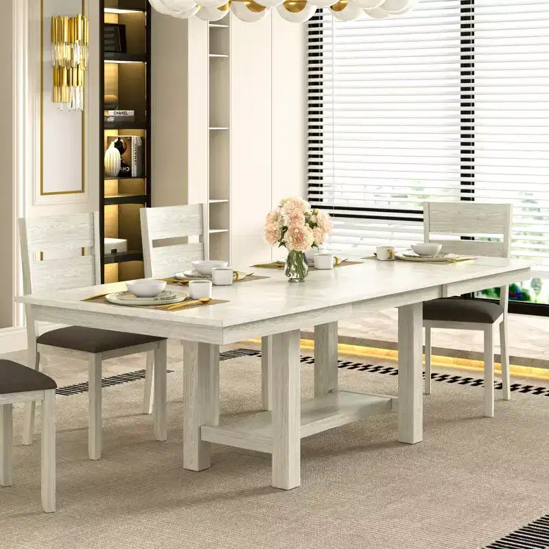 Ensemble de salle à manger extensible 7 pièces rustique VECELO pour 6 personnes, table en bois d'hévéa et 6 chaises de salle à manger rembourrées sans accoudoirs, gris