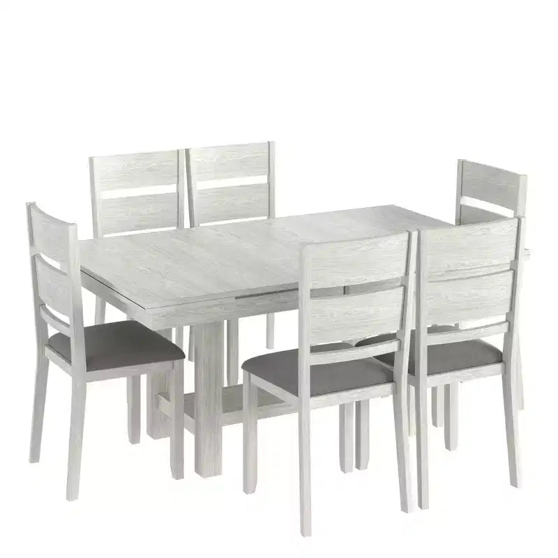 Ensemble de salle à manger extensible 7 pièces rustique VECELO pour 6 personnes, table en bois d'hévéa et 6 chaises de salle à manger rembourrées sans accoudoirs, gris