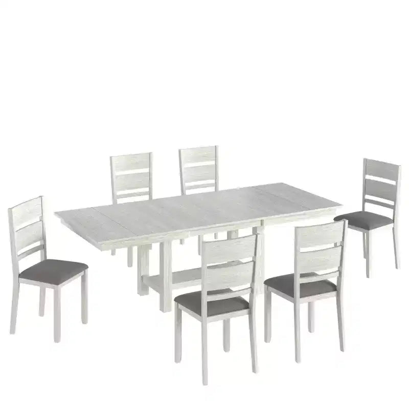Ensemble de salle à manger extensible 7 pièces rustique VECELO pour 6 personnes, table en bois d'hévéa et 6 chaises de salle à manger rembourrées sans accoudoirs, gris