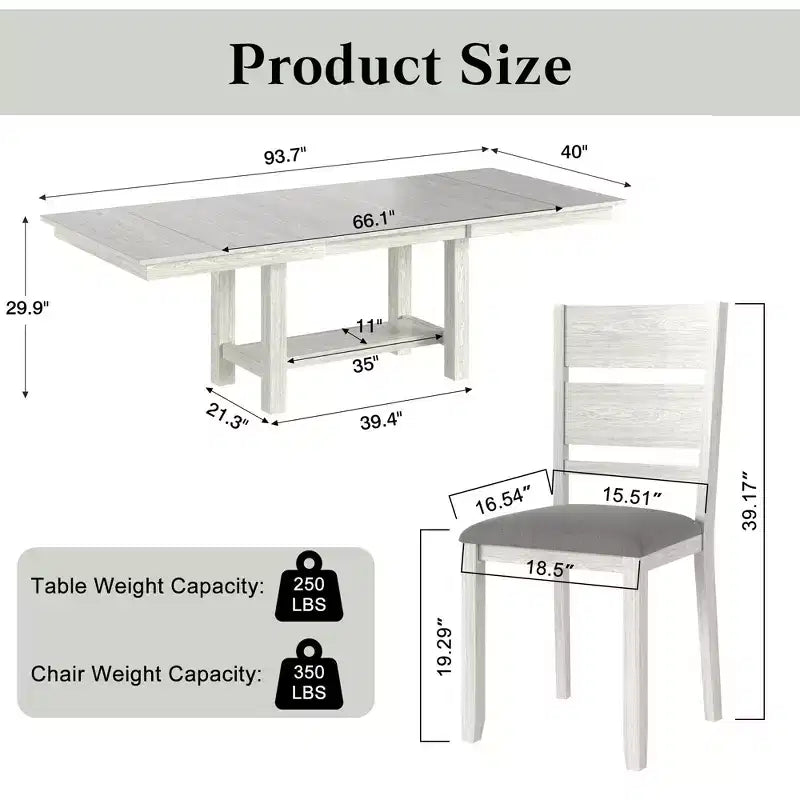 Ensemble de salle à manger extensible 7 pièces rustique VECELO pour 6 personnes, table en bois d'hévéa et 6 chaises de salle à manger rembourrées sans accoudoirs, gris