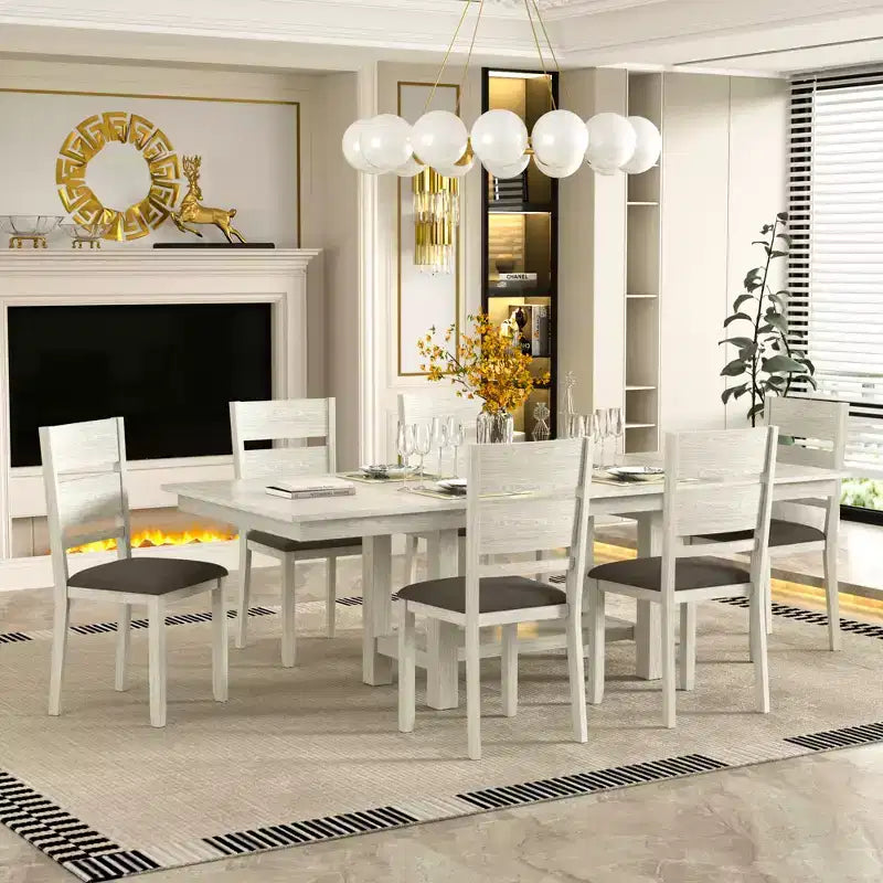 Ensemble de salle à manger extensible 7 pièces rustique VECELO pour 6 personnes, table en bois d'hévéa et 6 chaises de salle à manger rembourrées sans accoudoirs, gris
