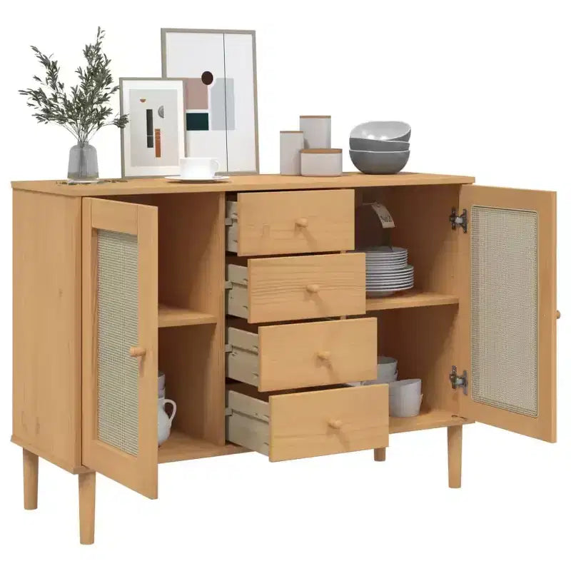vidaXL SENJA Buffet bahut armoire de rangement aspect rotin bois de pin massif, avec 4 tiroirs