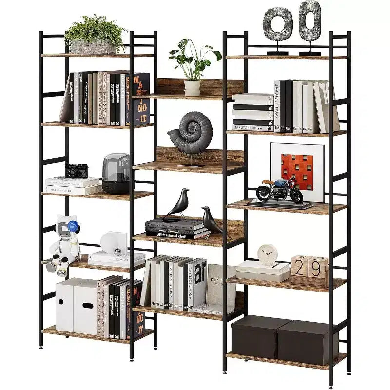 5 Tier Bookshelf with 14 Display Shelves, Large Open Industrial Bookshelf, Rustic Storage, Living Room, Bedroom, Office and Study Room