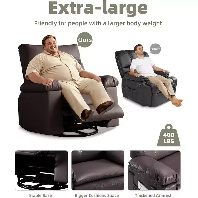 Fauteuil inclinable chauffant et massant avec pivotement à 360° et bascule manuelle, design ergonomique avec télécommande et porte-gobelets pour salon