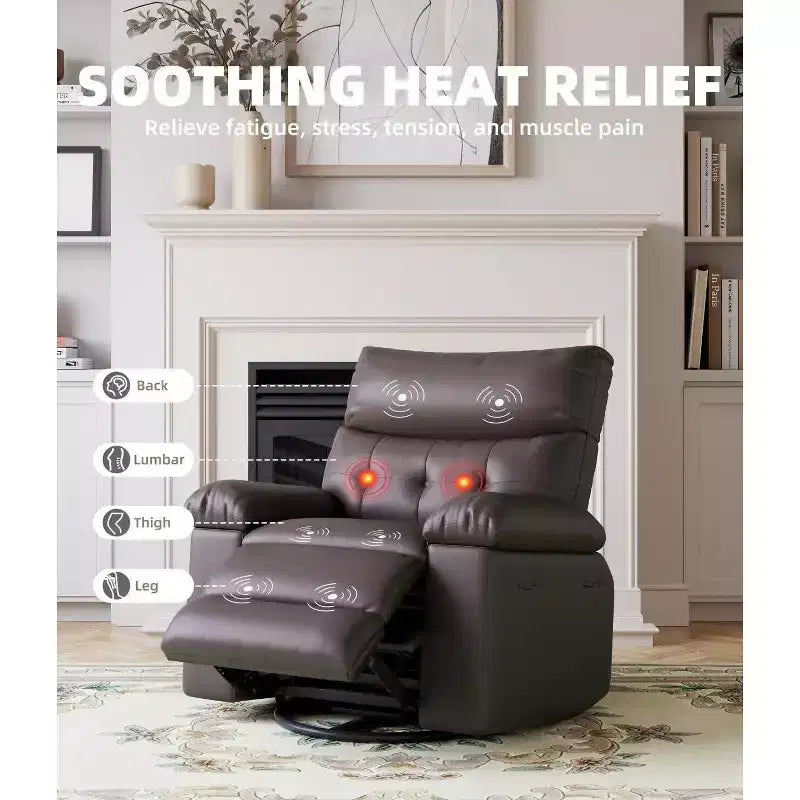 Fauteuil inclinable chauffant et massant avec pivotement à 360° et bascule manuelle, design ergonomique avec télécommande et porte-gobelets pour salon