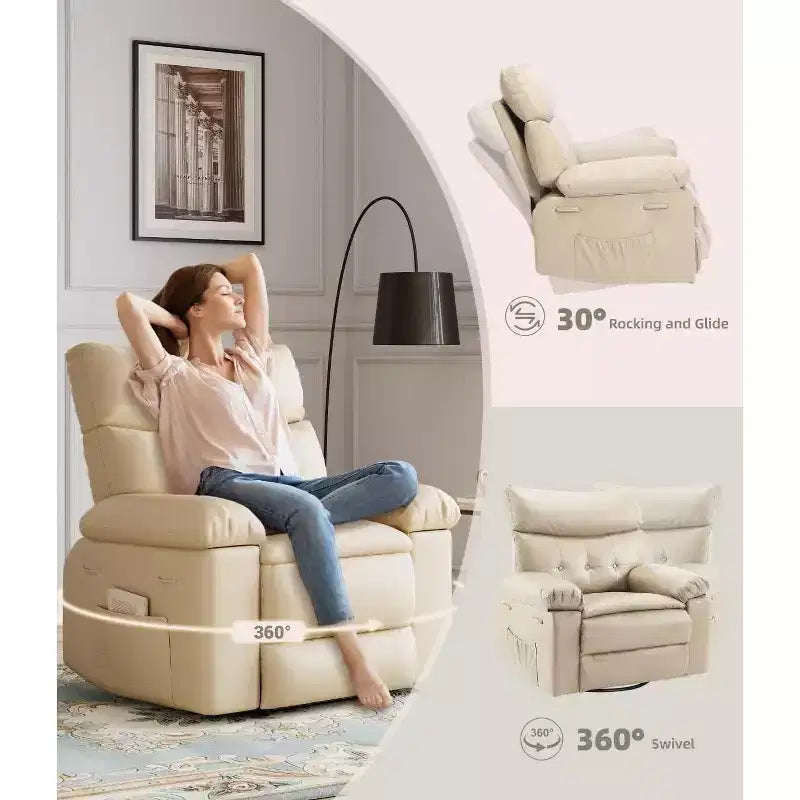 Fauteuil inclinable chauffant et massant avec pivotement à 360° et bascule manuelle, design ergonomique avec télécommande et porte-gobelets pour salon