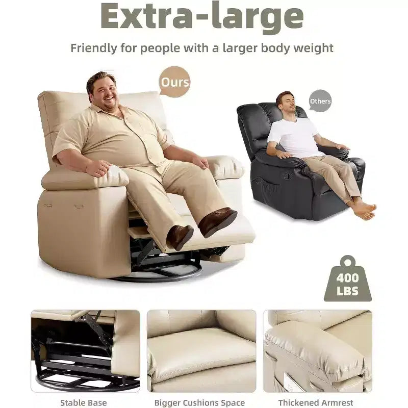 Fauteuil inclinable chauffant et massant avec pivotement à 360° et bascule manuelle, design ergonomique avec télécommande et porte-gobelets pour salon