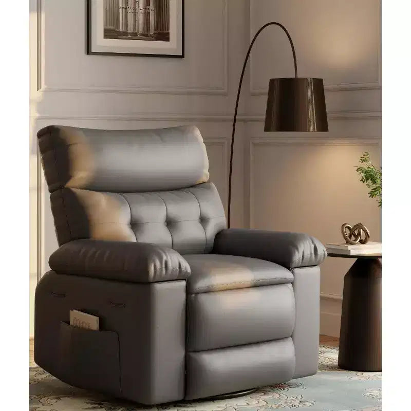 Fauteuil inclinable chauffant et massant avec pivotement à 360° et bascule manuelle, design ergonomique avec télécommande et porte-gobelets pour salon