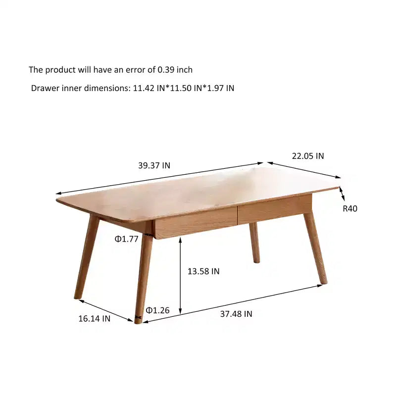 Table basse rectangulaire GDFStudio Dean en bois massif de chêne avec deux tiroirs
